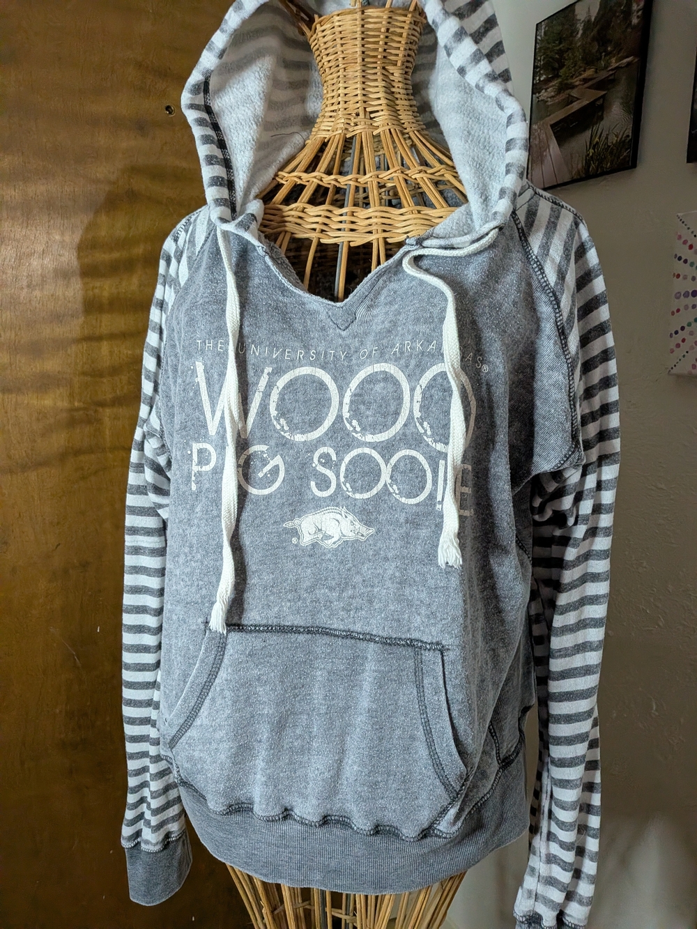 MV Sport Gray and White Striped Hooded Pullover